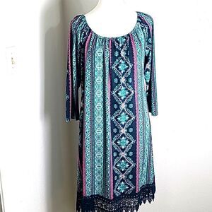 Paisley Grace Green & Pink Designs Dress with Embroidered Hem, Size Large